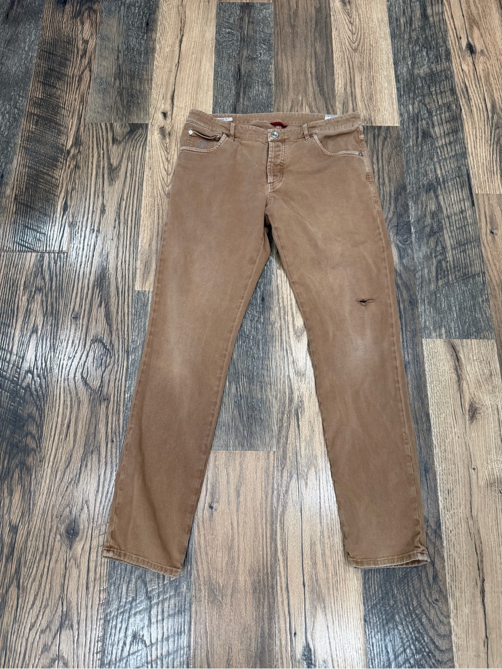Men's Brown Brunello Cucinelli tan skinny fit pants.